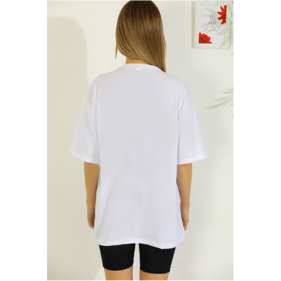 Baskılı Oversize T-shirt Beyaz