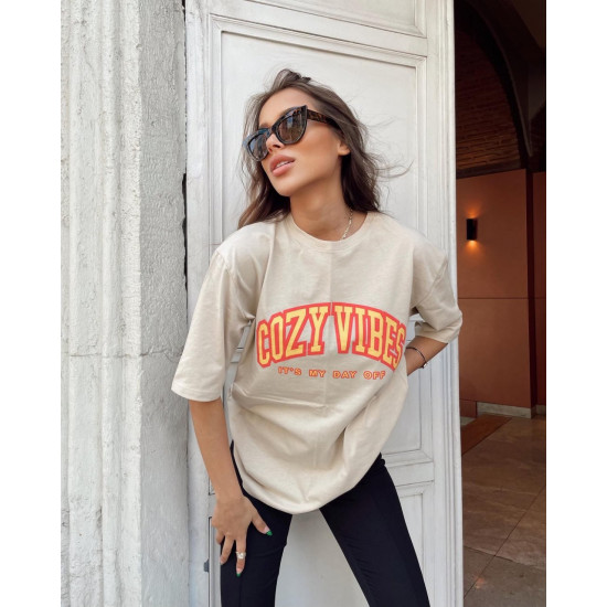 Cozy Vibes Baskı Oversize T-shirt Taş