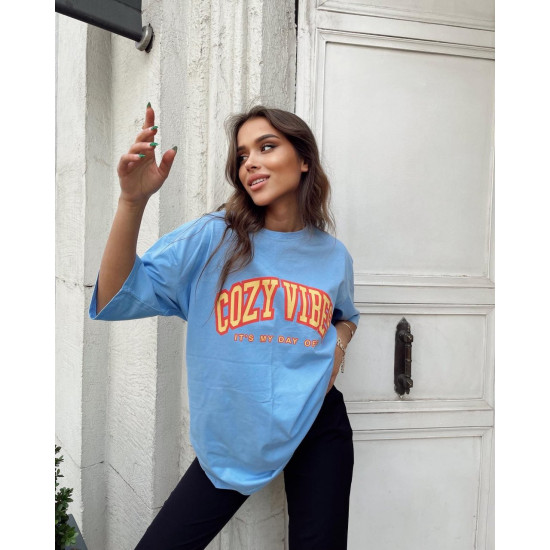 Cozy Vibes Baskı Oversize T-shirt Mavi